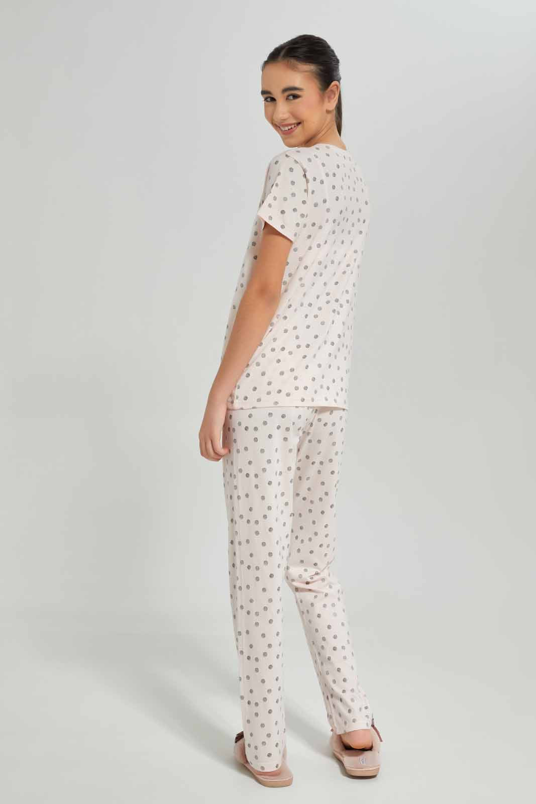 Redtag-Girls-Pink-Polka-Dots-Pajama-Sets-Category:Pyjama-Sets,-Colour:Apricot,-Deals:New-In,-Dept:Girls,-Filter:Senior-Girls-(8-to-14-Yrs),-GSR-Pyjama-Sets,-New-In-GSR-APL,-Non-Sale,-S23A,-Section:Girls-(0-to-14Yrs)-Senior-Girls-9 to 14 Years