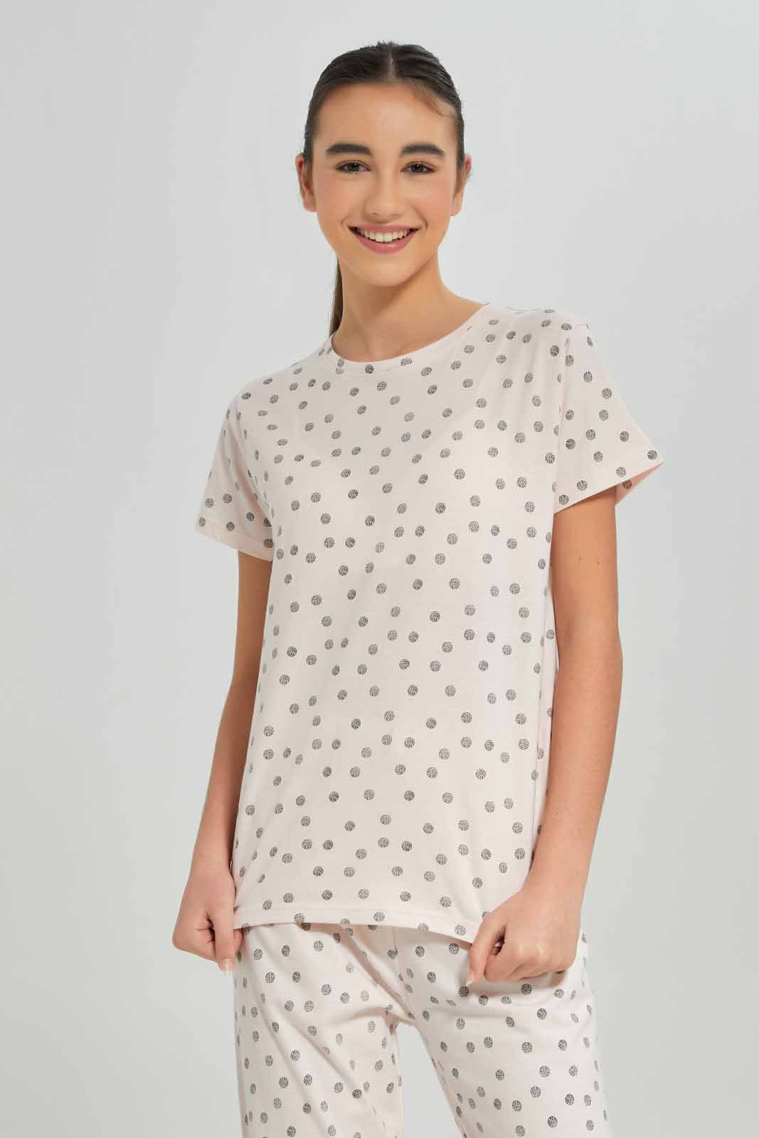 Redtag-Girls-Pink-Polka-Dots-Pajama-Sets-Category:Pyjama-Sets,-Colour:Apricot,-Deals:New-In,-Dept:Girls,-Filter:Senior-Girls-(8-to-14-Yrs),-GSR-Pyjama-Sets,-New-In-GSR-APL,-Non-Sale,-S23A,-Section:Girls-(0-to-14Yrs)-Senior-Girls-9 to 14 Years
