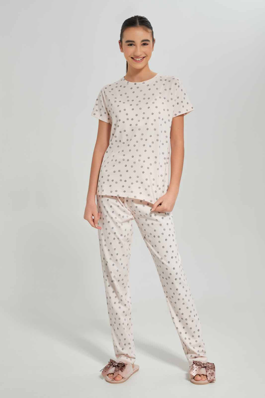 Redtag-Girls-Pink-Polka-Dots-Pajama-Sets-Category:Pyjama-Sets,-Colour:Apricot,-Deals:New-In,-Dept:Girls,-Filter:Senior-Girls-(8-to-14-Yrs),-GSR-Pyjama-Sets,-New-In-GSR-APL,-Non-Sale,-S23A,-Section:Girls-(0-to-14Yrs)-Senior-Girls-9 to 14 Years