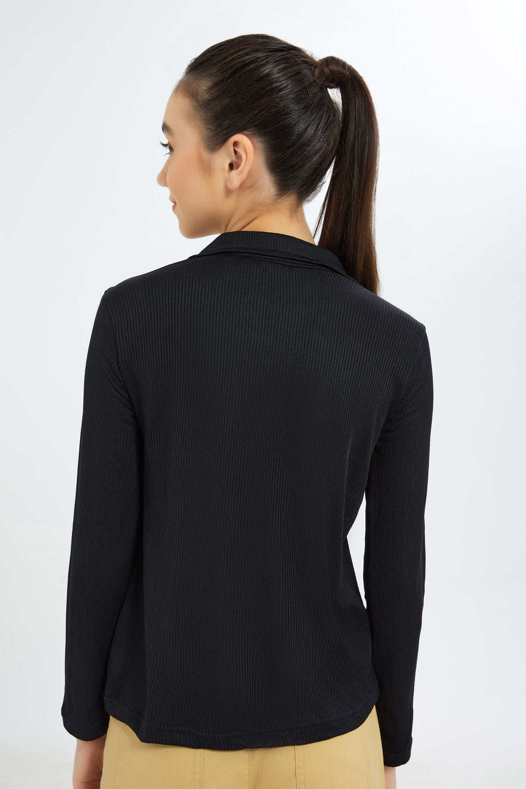 Redtag-Girls-Black-Collared-Rib-T-Shirt-Category:T-Shirts,-Colour:Black,-Deals:2-FOR-49,-Deals:New-In,-Dept:Girls,-Filter:Senior-Girls-(8-to-14-Yrs),-GSR-T-Shirts,-H1:KWR,-H2:GSR,-H3:TSH,-H4:CAT,-New-In-GSR-APL,-Non-Sale,-S23A,-Season:S23A,-Section:Girls-(0-to-14Yrs),-TBL-Senior-Girls-9 to 14 Years