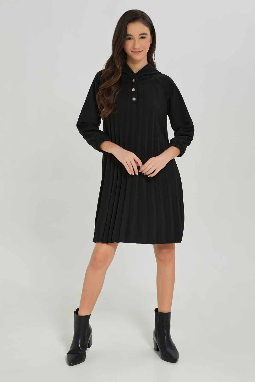 Redtag-Girls-Black-Pleated-Hooddy-Dress-Category:Dresses,-Colour:Black,-Deals:New-In,-Dept:Girls,-Filter:Senior-Girls-(8-to-14-Yrs),-GSR-Dresses,-New-In-GSR-APL,-Non-Sale,-S23A,-Section:Girls-(0-to-14Yrs)-Senior-Girls-9 to 14 Years