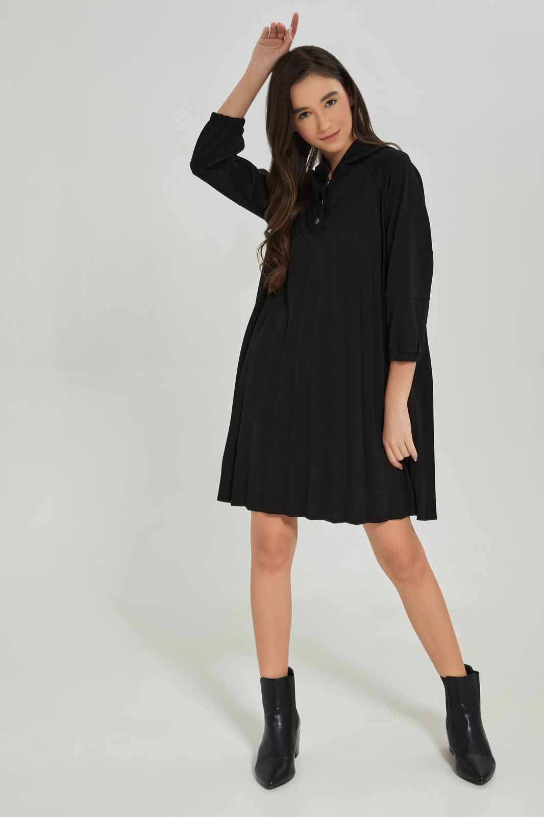 Redtag-Girls-Black-Pleated-Hooddy-Dress-Category:Dresses,-Colour:Black,-Deals:New-In,-Dept:Girls,-Filter:Senior-Girls-(8-to-14-Yrs),-GSR-Dresses,-New-In-GSR-APL,-Non-Sale,-S23A,-Section:Girls-(0-to-14Yrs)-Senior-Girls-9 to 14 Years