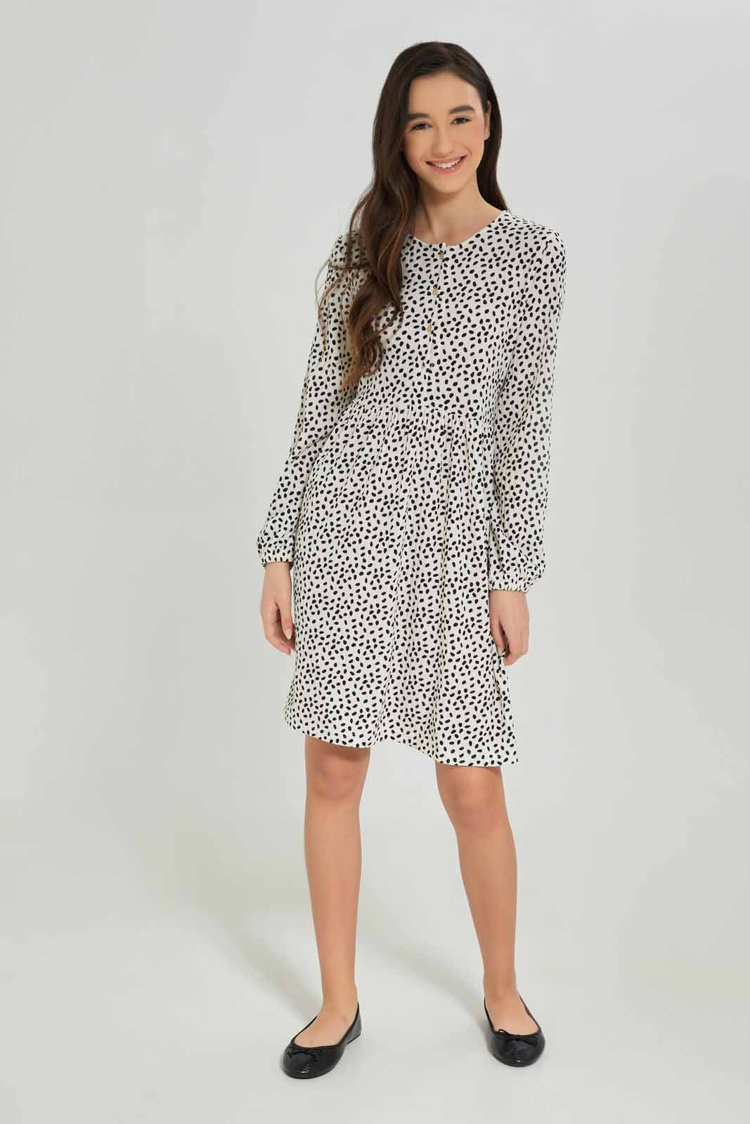 Redtag-Girls-White-/-Black-Rib-L/S-Dress-Category:Dresses,-Colour:White,-Deals:New-In,-Dept:Girls,-Filter:Senior-Girls-(8-to-14-Yrs),-GSR-Dresses,-New-In-GSR-APL,-Non-Sale,-S23A,-Section:Girls-(0-to-14Yrs)-Senior-Girls-9 to 14 Years