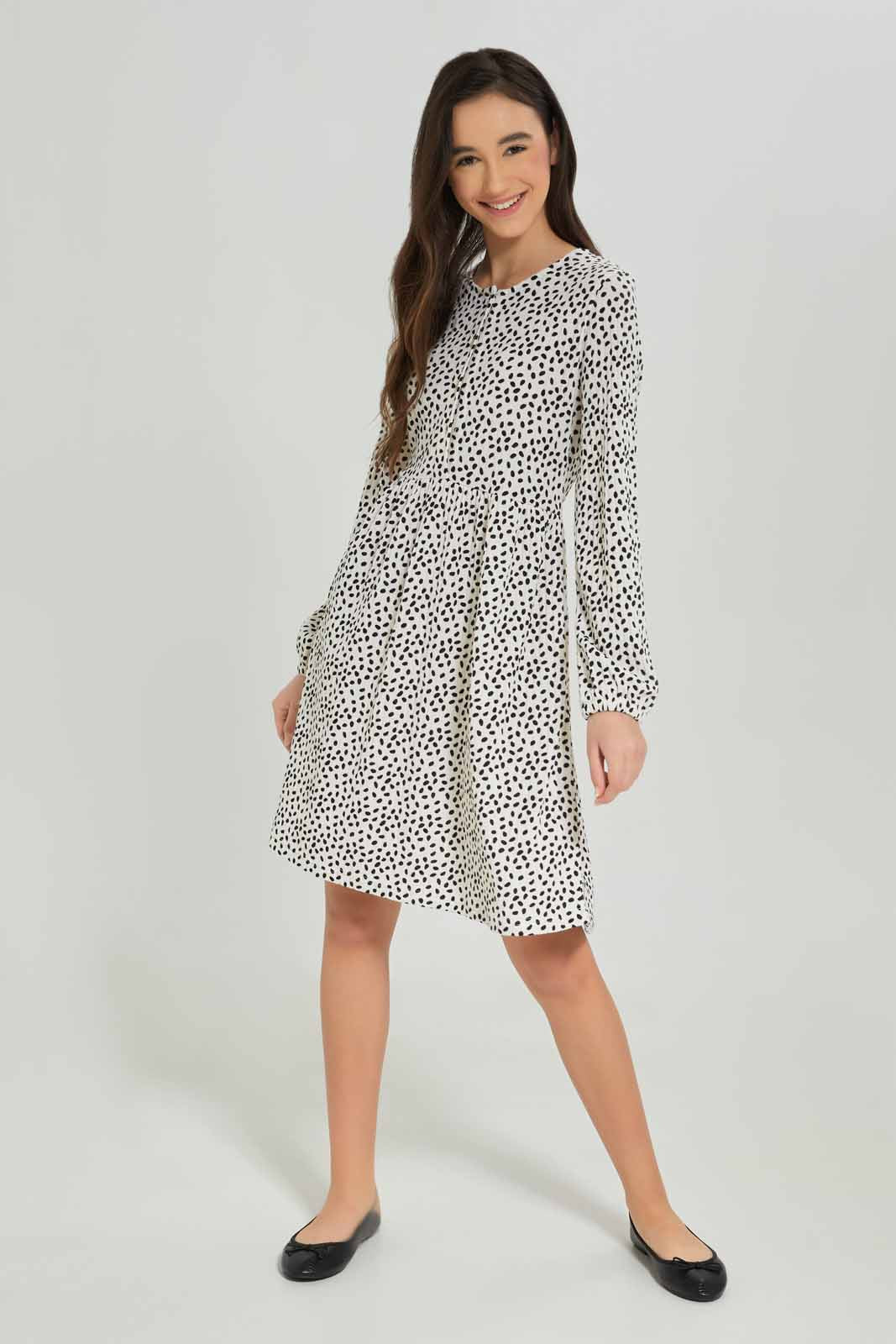 Redtag-Girls-White-/-Black-Rib-L/S-Dress-Category:Dresses,-Colour:White,-Deals:New-In,-Dept:Girls,-Filter:Senior-Girls-(8-to-14-Yrs),-GSR-Dresses,-New-In-GSR-APL,-Non-Sale,-S23A,-Section:Girls-(0-to-14Yrs)-Senior-Girls-9 to 14 Years