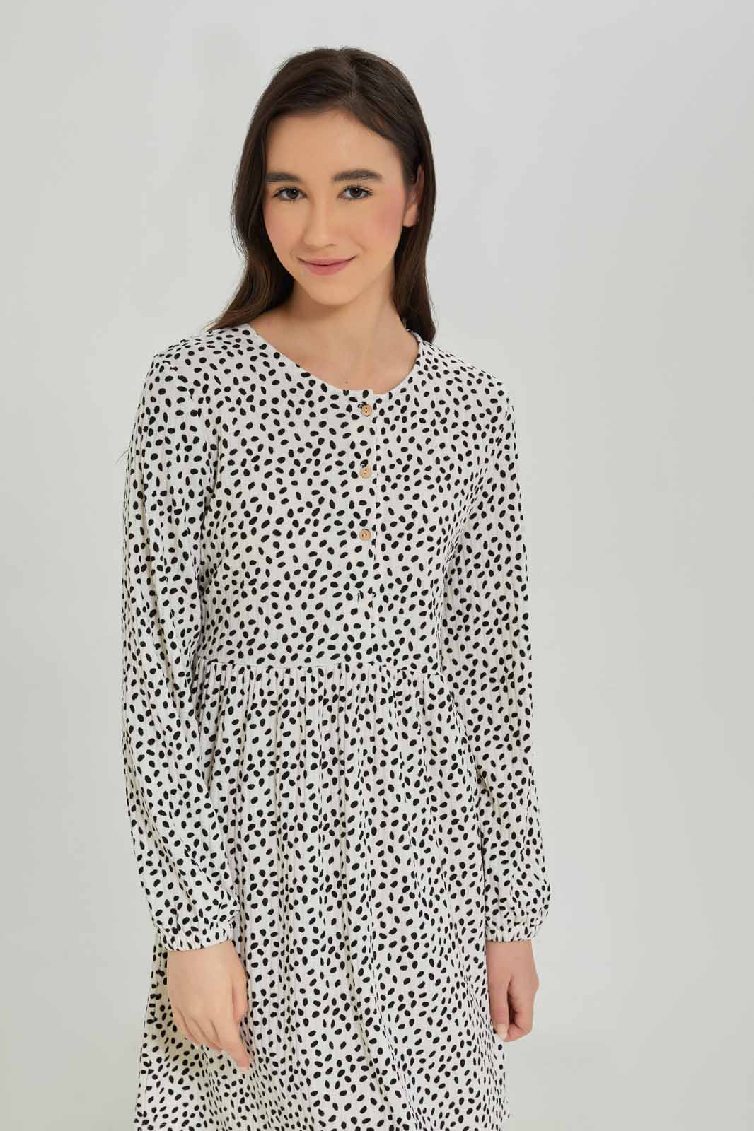 Redtag-Girls-White-/-Black-Rib-L/S-Dress-Category:Dresses,-Colour:White,-Deals:New-In,-Dept:Girls,-Filter:Senior-Girls-(8-to-14-Yrs),-GSR-Dresses,-New-In-GSR-APL,-Non-Sale,-S23A,-Section:Girls-(0-to-14Yrs)-Senior-Girls-9 to 14 Years