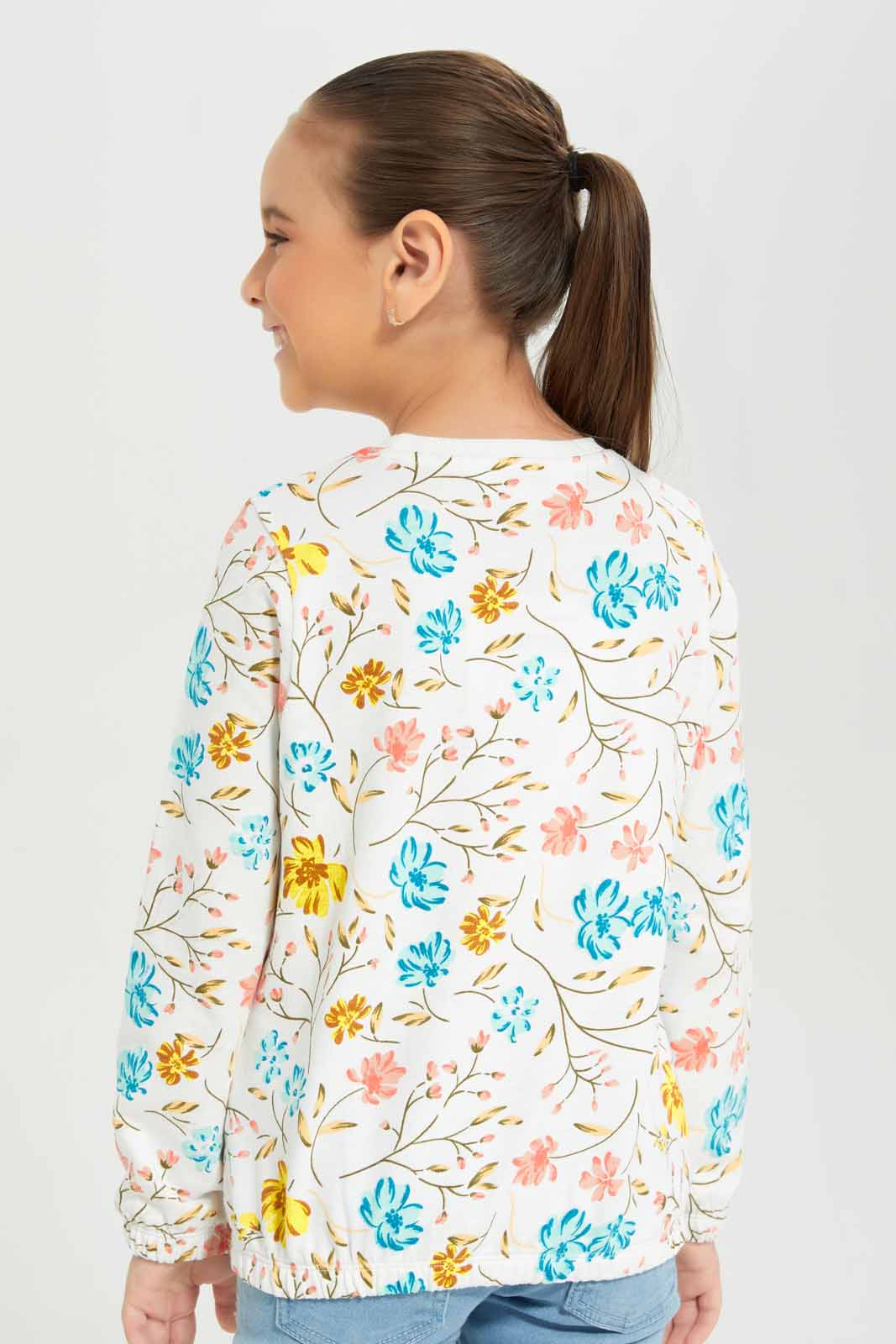 Redtag-Girls-White-Floral-Sweat-Tee-Category:T-Shirts,-Colour:Cream,-Deals:New-In,-Dept:Girls,-Filter:Girls-(2-to-8-Yrs),-GIR-T-Shirts,-New-In-GIR-APL,-Non-Sale,-S23A,-Section:Girls-(0-to-14Yrs),-TBL-Girls-2 to 8 Years