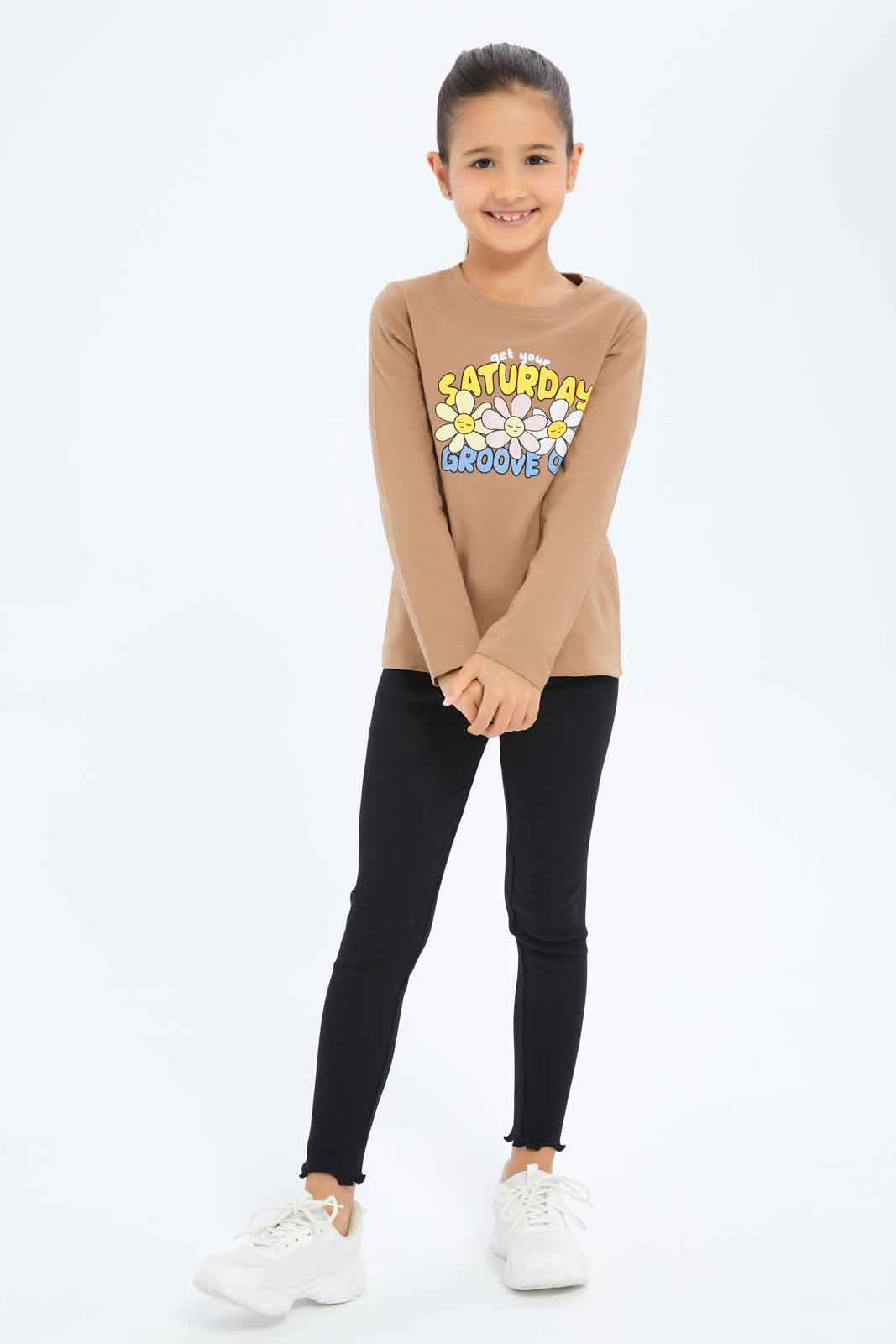 Redtag-Girls-Brown-Graphic-Tee-Category:T-Shirts,-Colour:Brown,-Deals:New-In,-Dept:Girls,-Filter:Girls-(2-to-8-Yrs),-GIR-T-Shirts,-New-In-GIR-APL,-Non-Sale,-S23A,-Section:Girls-(0-to-14Yrs),-TBL-Girls-2 to 8 Years