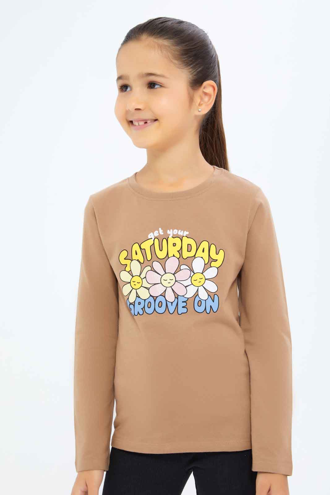 Redtag-Girls-Brown-Graphic-Tee-Category:T-Shirts,-Colour:Brown,-Deals:New-In,-Dept:Girls,-Filter:Girls-(2-to-8-Yrs),-GIR-T-Shirts,-New-In-GIR-APL,-Non-Sale,-S23A,-Section:Girls-(0-to-14Yrs),-TBL-Girls-2 to 8 Years