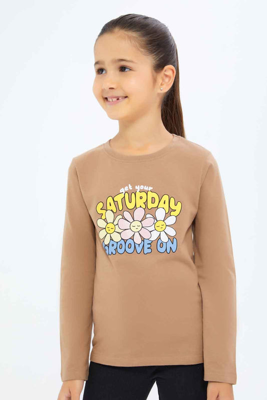 Redtag-Girls-Brown-Graphic-Tee-Category:T-Shirts,-Colour:Brown,-Deals:New-In,-Dept:Girls,-Filter:Girls-(2-to-8-Yrs),-GIR-T-Shirts,-New-In-GIR-APL,-Non-Sale,-S23A,-Section:Girls-(0-to-14Yrs),-TBL-Girls-2 to 8 Years