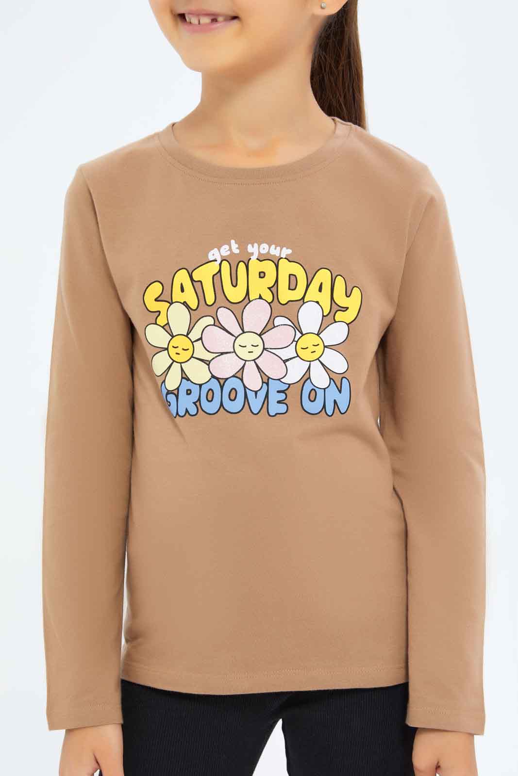 Redtag-Girls-Brown-Graphic-Tee-Category:T-Shirts,-Colour:Brown,-Deals:New-In,-Dept:Girls,-Filter:Girls-(2-to-8-Yrs),-GIR-T-Shirts,-New-In-GIR-APL,-Non-Sale,-S23A,-Section:Girls-(0-to-14Yrs),-TBL-Girls-2 to 8 Years