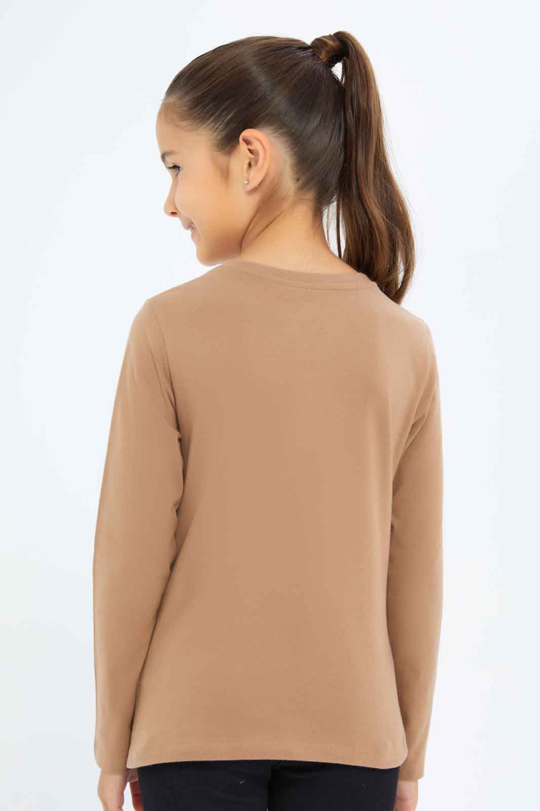 Redtag-Girls-Brown-Graphic-Tee-Category:T-Shirts,-Colour:Brown,-Deals:New-In,-Dept:Girls,-Filter:Girls-(2-to-8-Yrs),-GIR-T-Shirts,-New-In-GIR-APL,-Non-Sale,-S23A,-Section:Girls-(0-to-14Yrs),-TBL-Girls-2 to 8 Years