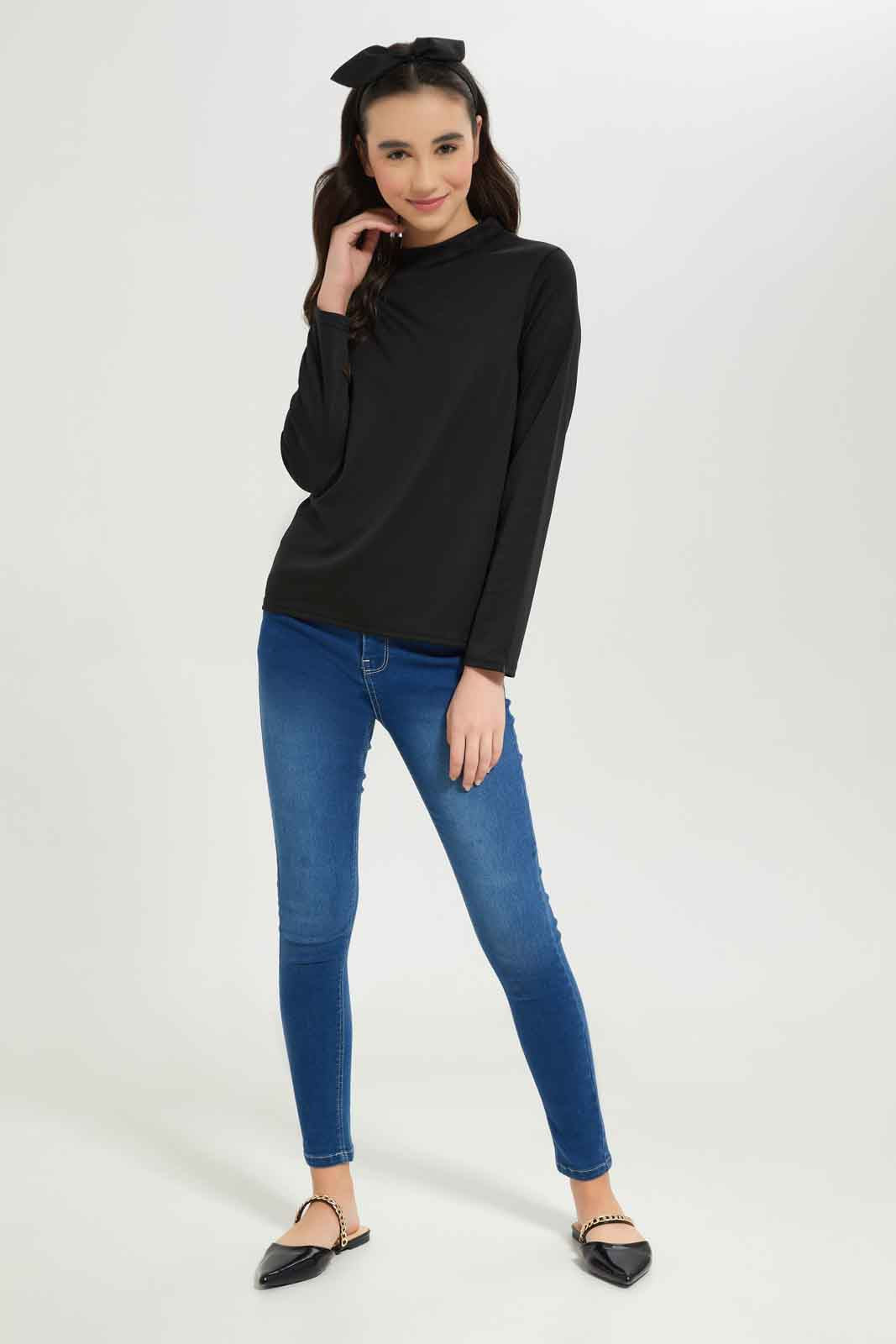 Redtag-Girls-Black-High-Neck-Ponte-Top-Category:T-Shirts,-Colour:Black,-Deals:New-In,-Dept:Girls,-Filter:Senior-Girls-(8-to-14-Yrs),-GSR-T-Shirts,-New-In-GSR-APL,-Non-Sale,-S23A,-Section:Girls-(0-to-14Yrs)-Senior-Girls-9 to 14 Years