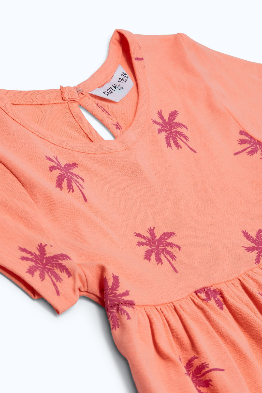 Redtag-Girls-Coral-Palm-Print-Dress-Category:Dresses,-Colour:Orange,-Deals:New-In,-Dept:Girls,-Filter:Infant-Girls-(3-to-24-Mths),-ING-Dresses,-New-In-ING-APL,-Non-Sale,-S23B,-Section:Girls-(0-to-14Yrs),-VLM-Infant-Girls-3 to 24 Months