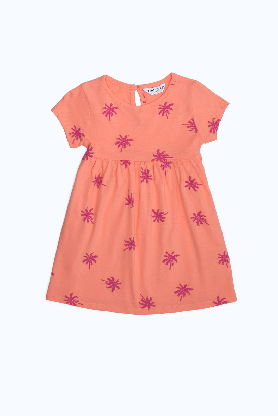 Redtag-Girls-Coral-Palm-Print-Dress-Category:Dresses,-Colour:Orange,-Deals:New-In,-Dept:Girls,-Filter:Infant-Girls-(3-to-24-Mths),-ING-Dresses,-New-In-ING-APL,-Non-Sale,-S23B,-Section:Girls-(0-to-14Yrs),-VLM-Infant-Girls-3 to 24 Months