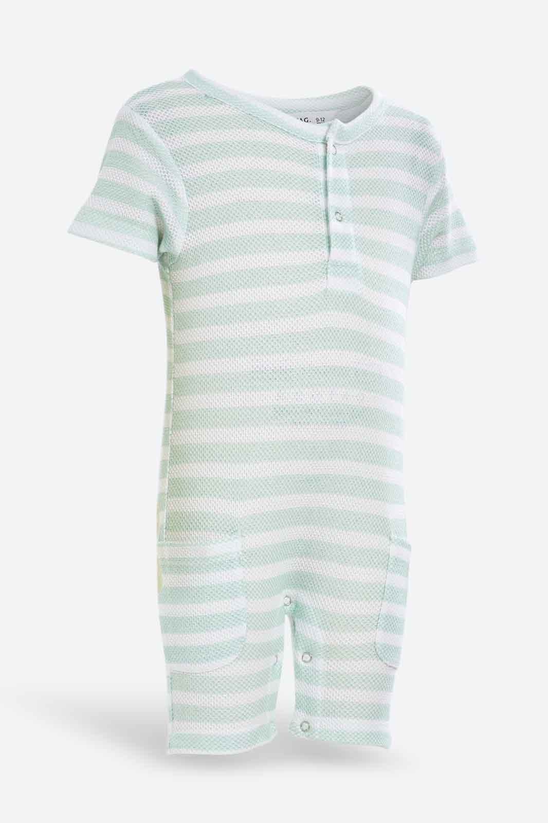 Redtag-Mint-Aop-Yarn-Dye-Jacquard-Romper-Category:Rompers,-Colour:Assorted,-Deals:New-In,-Dept:New-Born,-Filter:Baby-(0-to-12-Mths),-NBF-Rompers,-New-In-NBF-APL,-Non-Sale,-S23B,-Section:Boys-(0-to-14Yrs)-Baby-0 to 12 Months