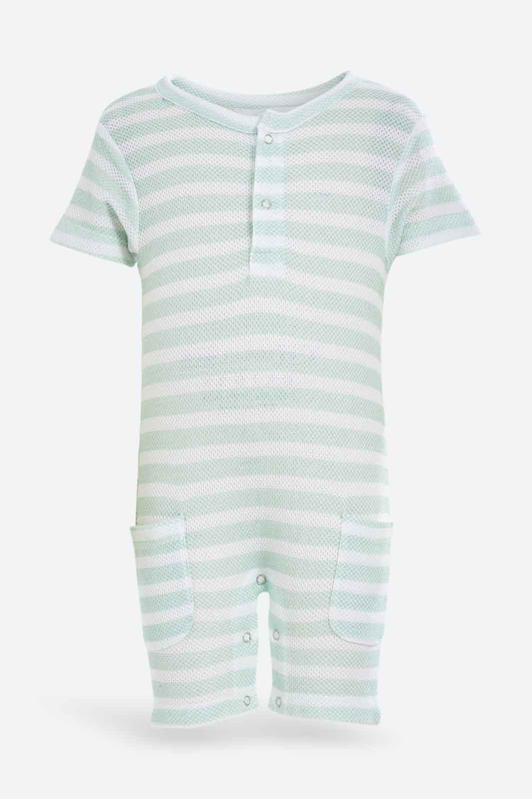 Redtag-Mint-Aop-Yarn-Dye-Jacquard-Romper-Category:Rompers,-Colour:Assorted,-Deals:New-In,-Dept:New-Born,-Filter:Baby-(0-to-12-Mths),-NBF-Rompers,-New-In-NBF-APL,-Non-Sale,-S23B,-Section:Boys-(0-to-14Yrs)-Baby-0 to 12 Months