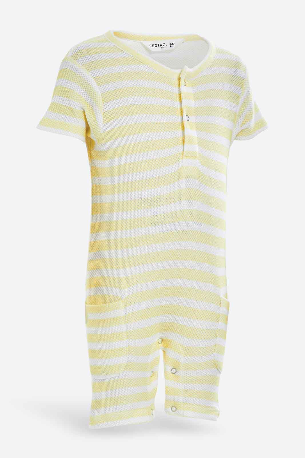 Redtag-Yellow-Aop-Yarn-Dye-Jacquard-Romper-Category:Rompers,-Colour:Assorted,-Deals:New-In,-Dept:New-Born,-Filter:Baby-(0-to-12-Mths),-NBF-Rompers,-New-In-NBF-APL,-Non-Sale,-S23B,-Section:Boys-(0-to-14Yrs)-Baby-0 to 12 Months