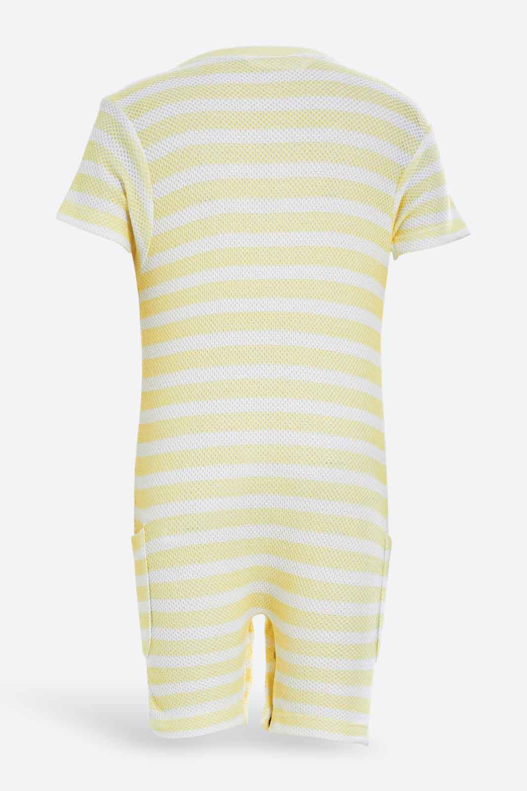 Redtag-Yellow-Aop-Yarn-Dye-Jacquard-Romper-Category:Rompers,-Colour:Assorted,-Deals:New-In,-Dept:New-Born,-Filter:Baby-(0-to-12-Mths),-NBF-Rompers,-New-In-NBF-APL,-Non-Sale,-S23B,-Section:Boys-(0-to-14Yrs)-Baby-0 to 12 Months