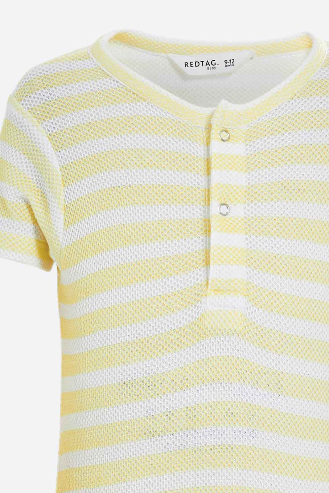 Redtag-Yellow-Aop-Yarn-Dye-Jacquard-Romper-Category:Rompers,-Colour:Assorted,-Deals:New-In,-Dept:New-Born,-Filter:Baby-(0-to-12-Mths),-NBF-Rompers,-New-In-NBF-APL,-Non-Sale,-S23B,-Section:Boys-(0-to-14Yrs)-Baby-0 to 12 Months
