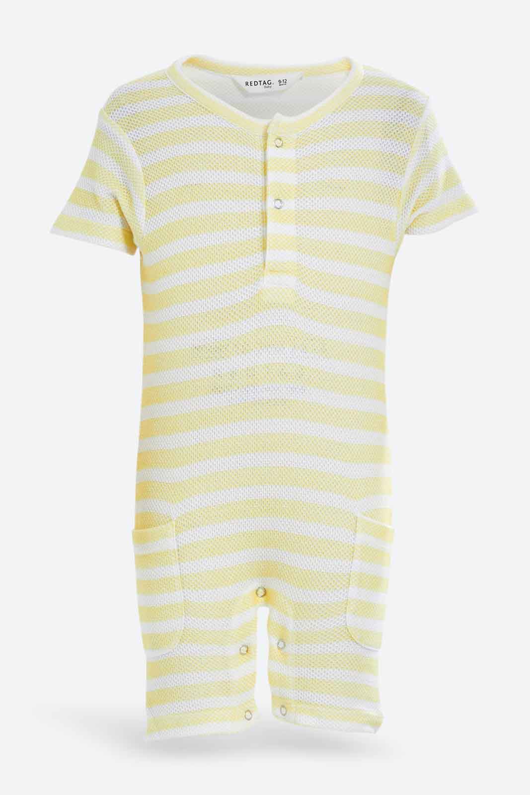 Redtag-Yellow-Aop-Yarn-Dye-Jacquard-Romper-Category:Rompers,-Colour:Assorted,-Deals:New-In,-Dept:New-Born,-Filter:Baby-(0-to-12-Mths),-NBF-Rompers,-New-In-NBF-APL,-Non-Sale,-S23B,-Section:Boys-(0-to-14Yrs)-Baby-0 to 12 Months