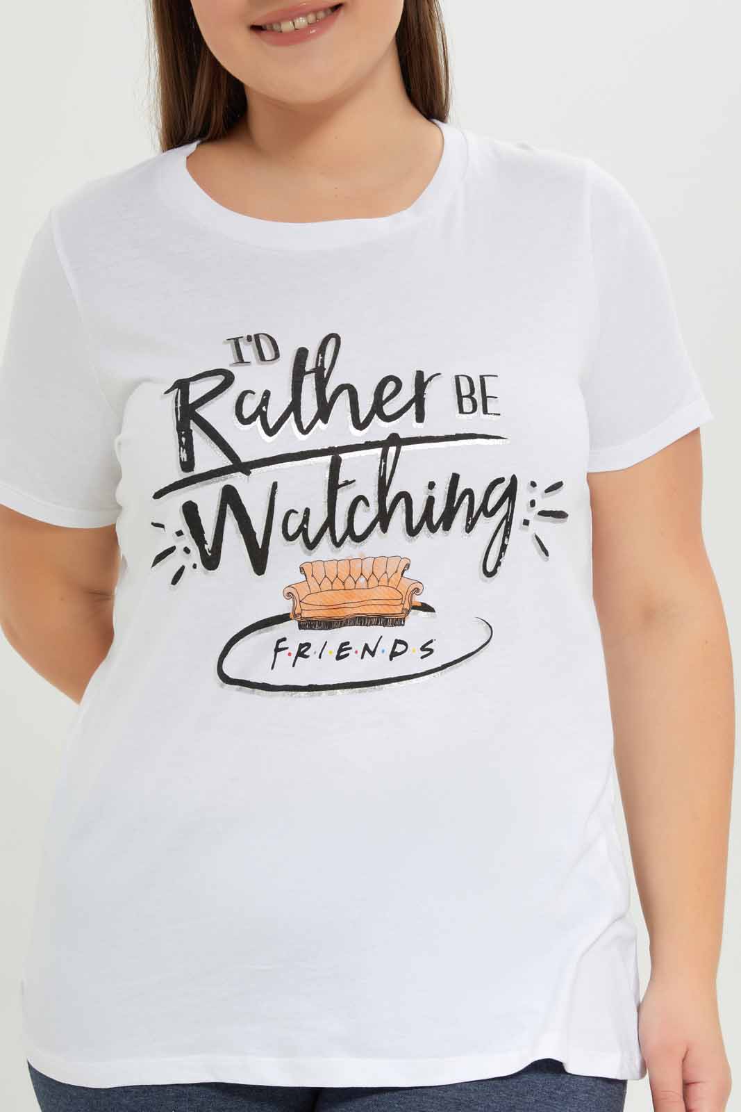 Redtag-Women-White-Friends-Printed-T-Shirt-Category:T-Shirts,-Colour:White,-Deals:New-In,-Dept:Ladieswear,-Filter:Plus-Size,-LDP-T-Shirts,-New-In-LDP-APL,-Non-Sale,-S23A,-Section:Women-Women's-