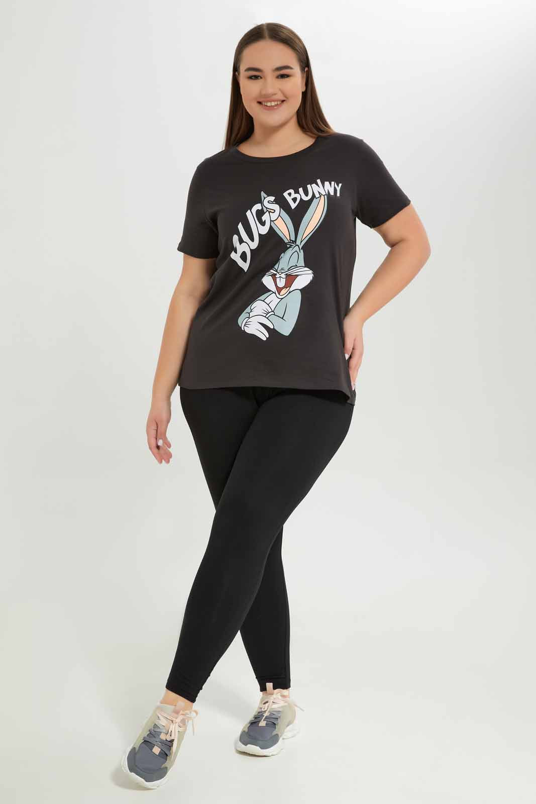 Redtag-Women-Grey-Bugs-Bunny-Printed-T-Shirt-Category:T-Shirts,-Colour:Charcoal,-Deals:New-In,-Dept:Ladieswear,-Filter:Plus-Size,-LDP-T-Shirts,-New-In-LDP-APL,-Non-Sale,-S23A,-Section:Women-Women's-