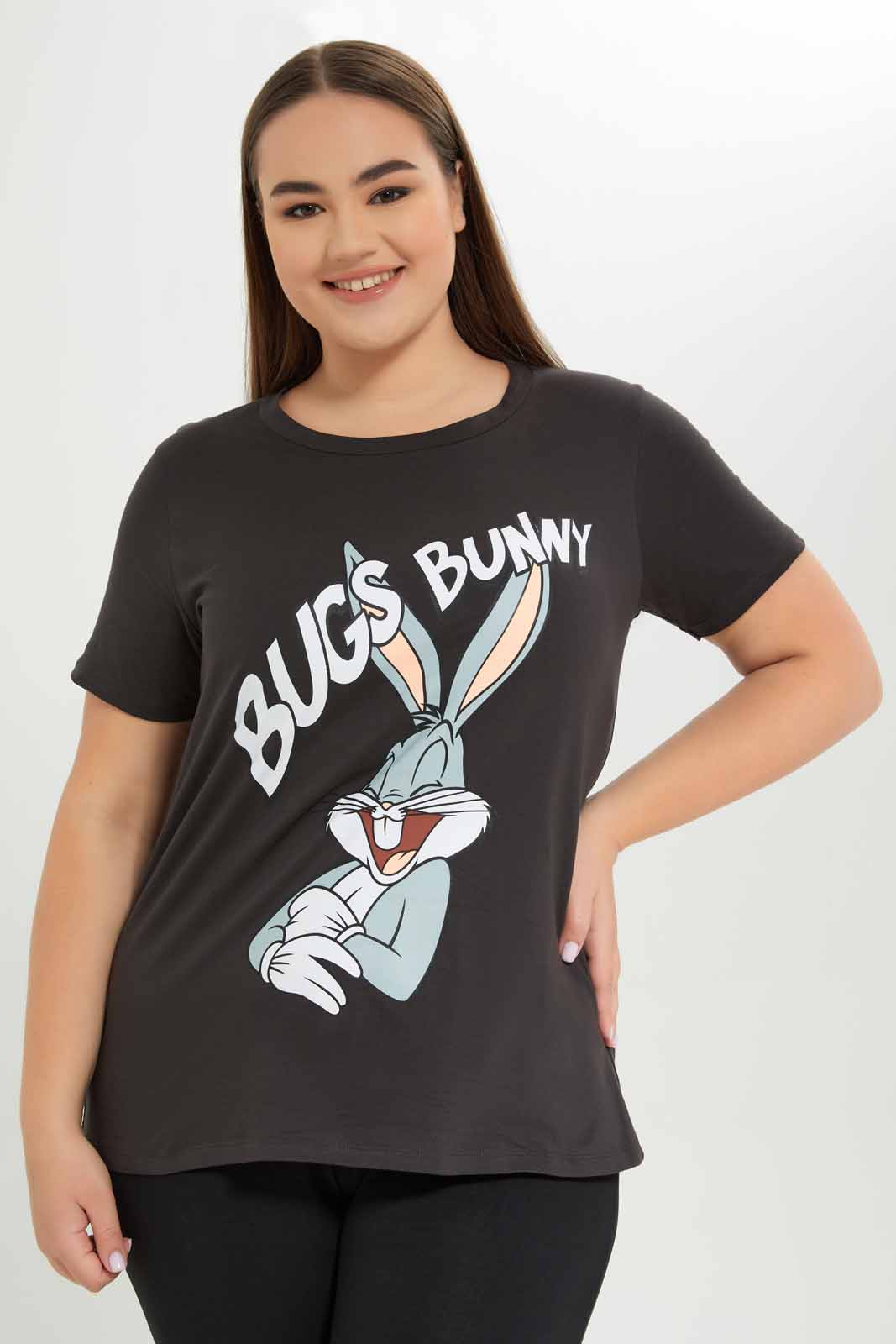 Redtag-Women-Grey-Bugs-Bunny-Printed-T-Shirt-Category:T-Shirts,-Colour:Charcoal,-Deals:New-In,-Dept:Ladieswear,-Filter:Plus-Size,-LDP-T-Shirts,-New-In-LDP-APL,-Non-Sale,-S23A,-Section:Women-Women's-