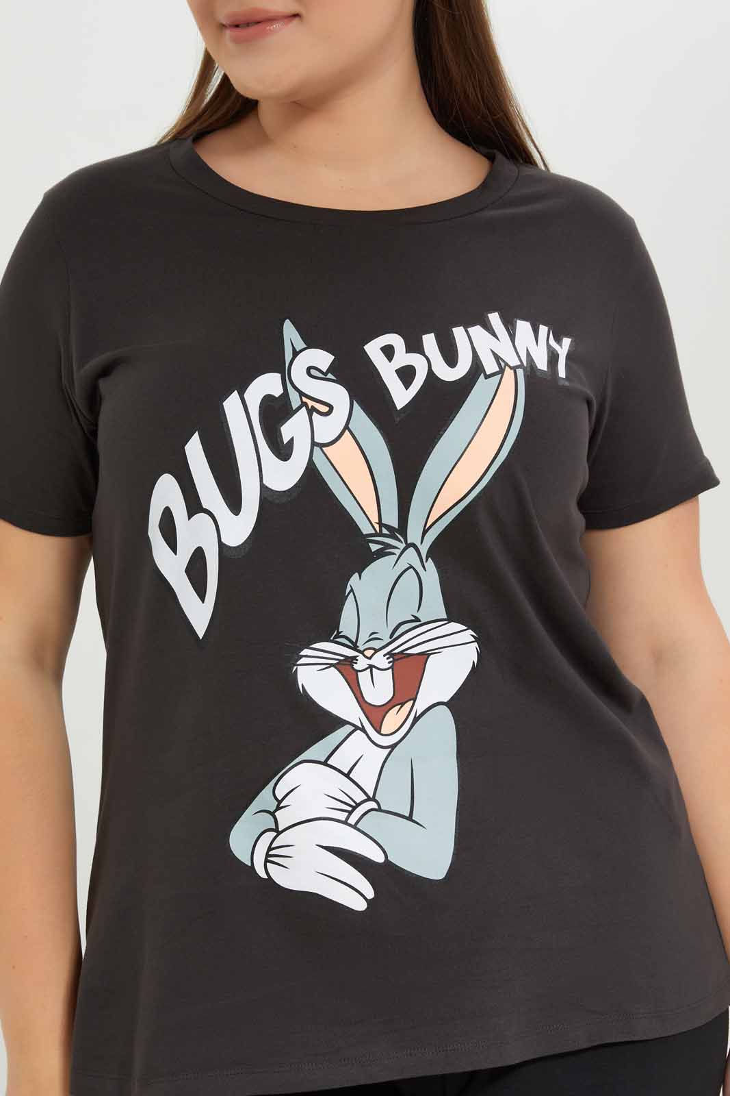 Redtag-Women-Grey-Bugs-Bunny-Printed-T-Shirt-Category:T-Shirts,-Colour:Charcoal,-Deals:New-In,-Dept:Ladieswear,-Filter:Plus-Size,-LDP-T-Shirts,-New-In-LDP-APL,-Non-Sale,-S23A,-Section:Women-Women's-