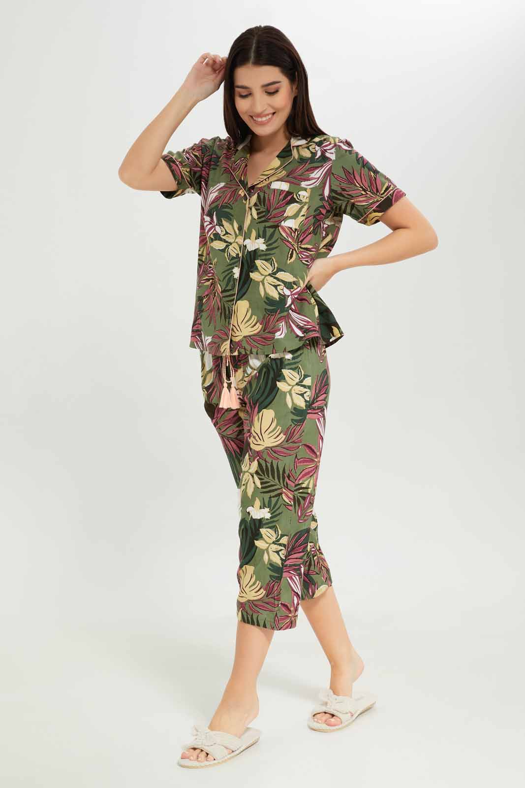 Redtag-Women-Green-Color-Aop-Short-Sleeves-Pyjama-Set-Category:Pyjama-Sets,-Colour:Green,-Deals:New-In,-Dept:Ladieswear,-Filter:Women's-Clothing,-New-In-Women-APL,-Non-Sale,-S23A,-Section:Women,-Women-Pyjama-Sets--