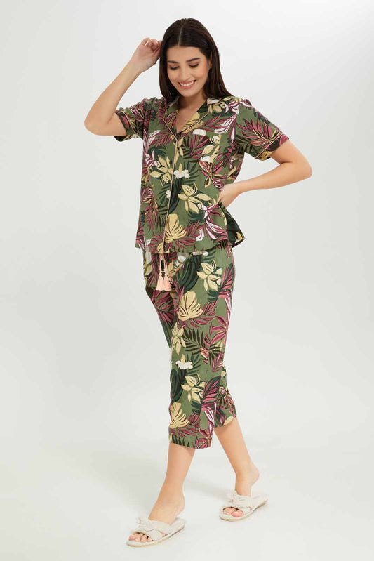 Redtag-Women-Green-Color-Aop-Short-Sleeves-Pyjama-Set-Category:Pyjama-Sets,-Colour:Green,-Deals:New-In,-Dept:Ladieswear,-Filter:Women's-Clothing,-New-In-Women-APL,-Non-Sale,-S23A,-Section:Women,-Women-Pyjama-Sets--