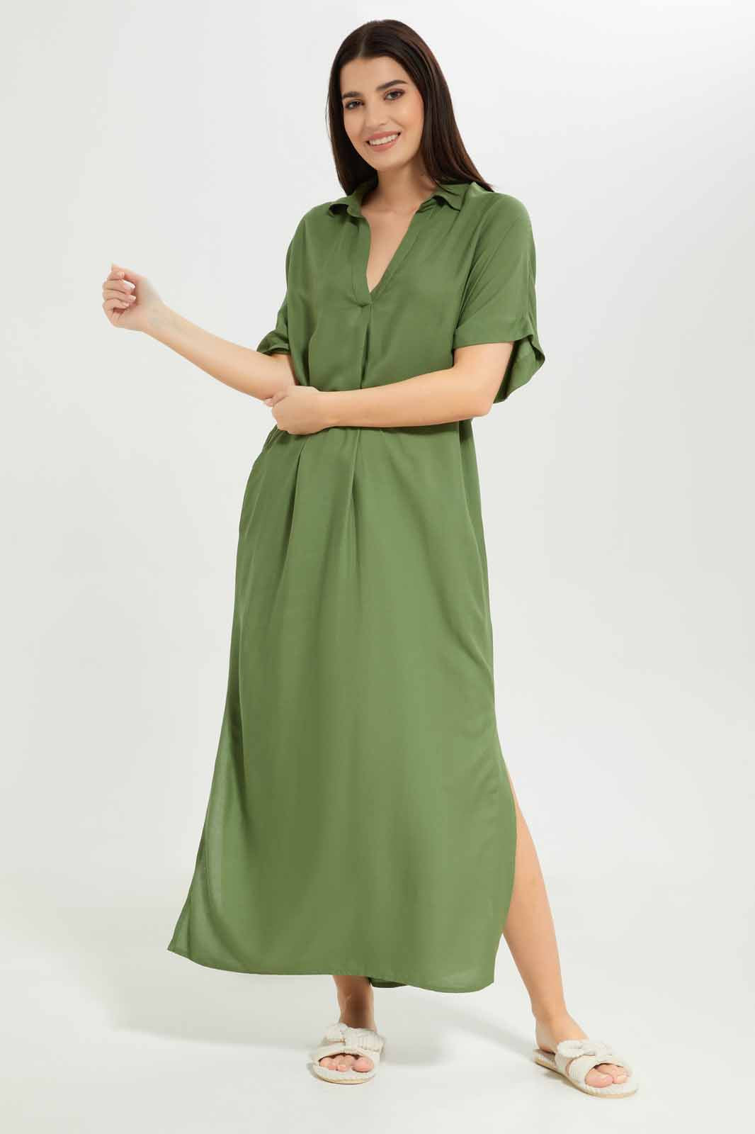 Redtag-Women-Green-Color-Solid-Short-Sleeves-Night-Gown-Category:Nightgowns,-Colour:Green,-Deals:New-In,-Dept:Ladieswear,-Filter:Women's-Clothing,-New-In-Women-APL,-Non-Sale,-S23A,-Section:Women,-Women-Nightgowns--