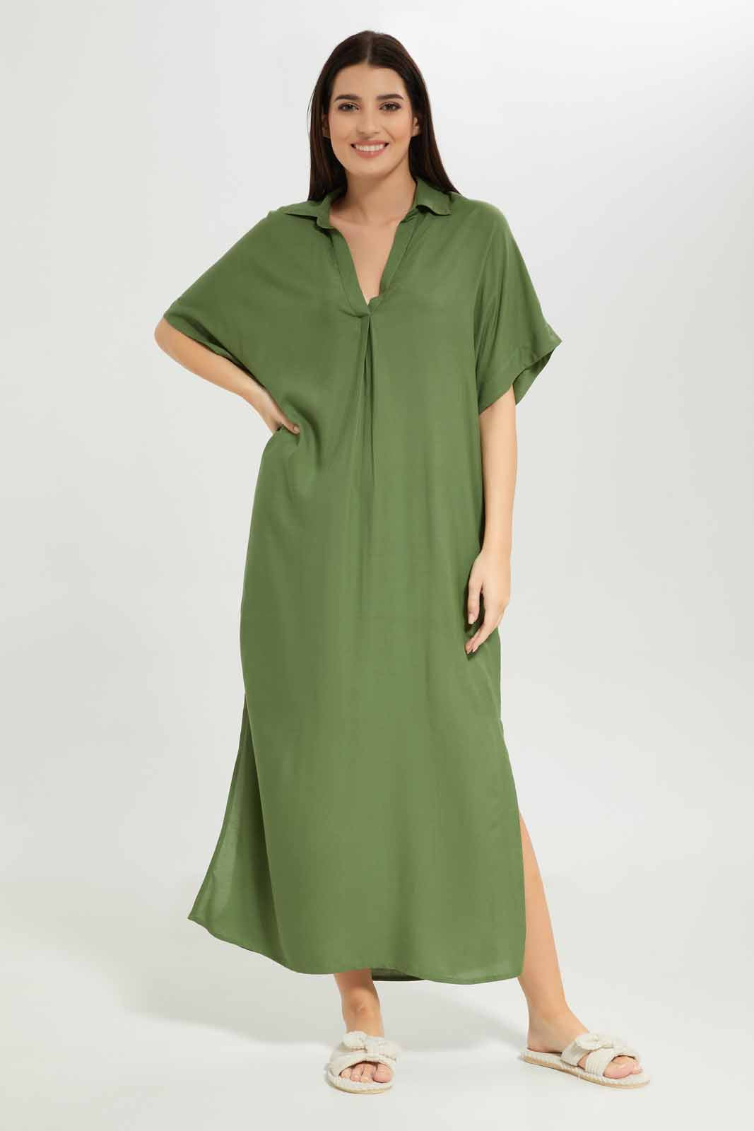 Redtag-Women-Green-Color-Solid-Short-Sleeves-Night-Gown-Category:Nightgowns,-Colour:Green,-Deals:New-In,-Dept:Ladieswear,-Filter:Women's-Clothing,-New-In-Women-APL,-Non-Sale,-S23A,-Section:Women,-Women-Nightgowns--