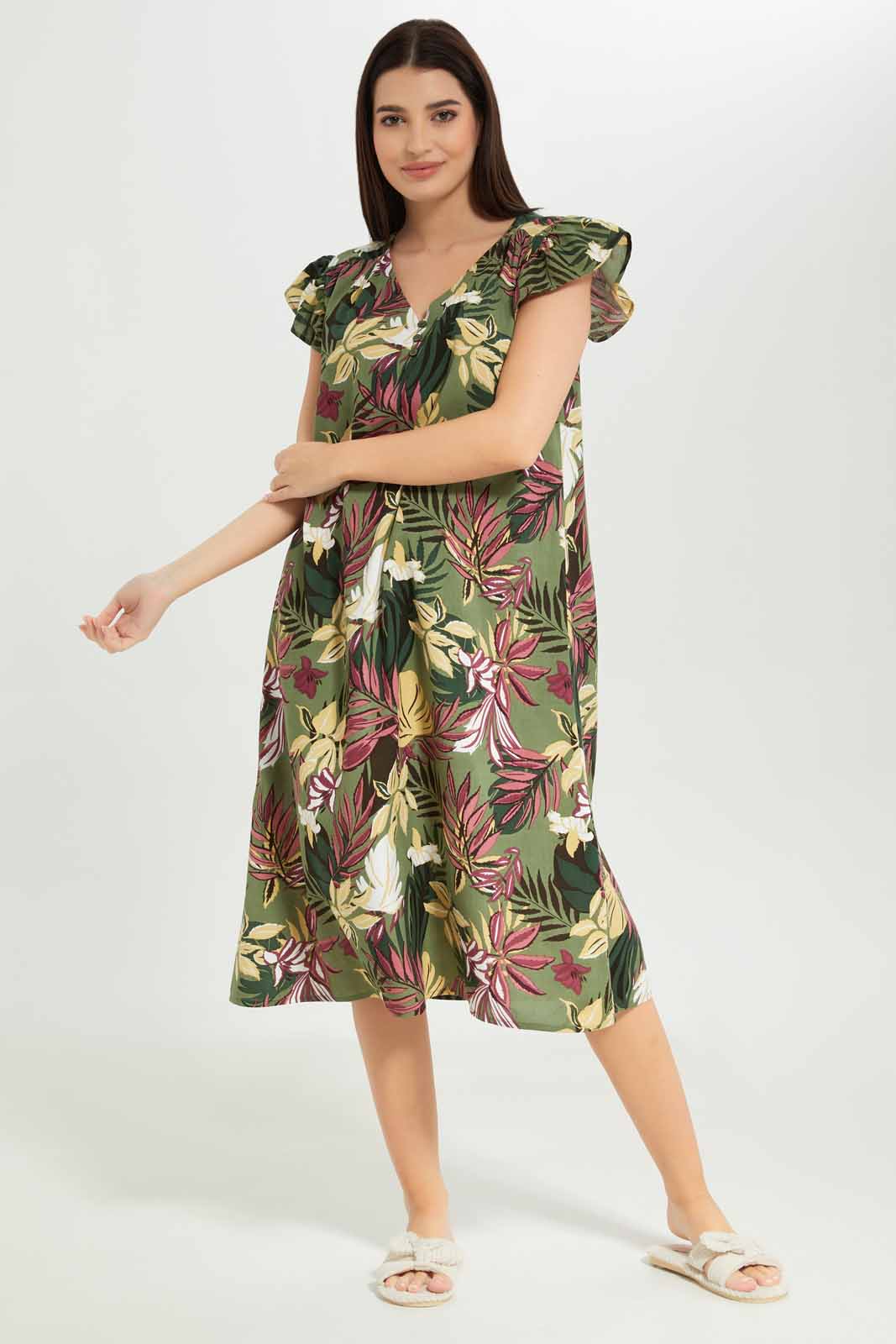 Redtag-Women-Green-Color-Aop-Short-Sleeves-Night-Gown-Category:Nightgowns,-Colour:Green,-Deals:New-In,-Dept:Ladieswear,-Filter:Women's-Clothing,-New-In-Women-APL,-Non-Sale,-S23A,-Section:Women,-Women-Nightgowns--