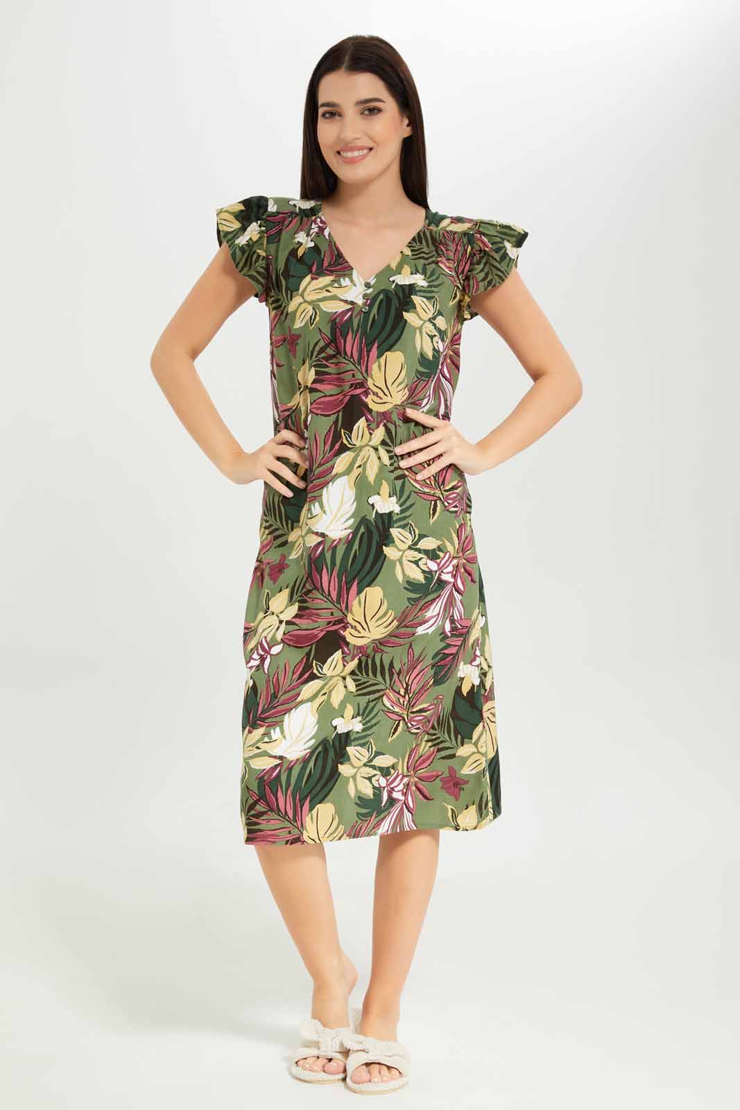 Redtag-Women-Green-Color-Aop-Short-Sleeves-Night-Gown-Category:Nightgowns,-Colour:Green,-Deals:New-In,-Dept:Ladieswear,-Filter:Women's-Clothing,-New-In-Women-APL,-Non-Sale,-S23A,-Section:Women,-Women-Nightgowns--