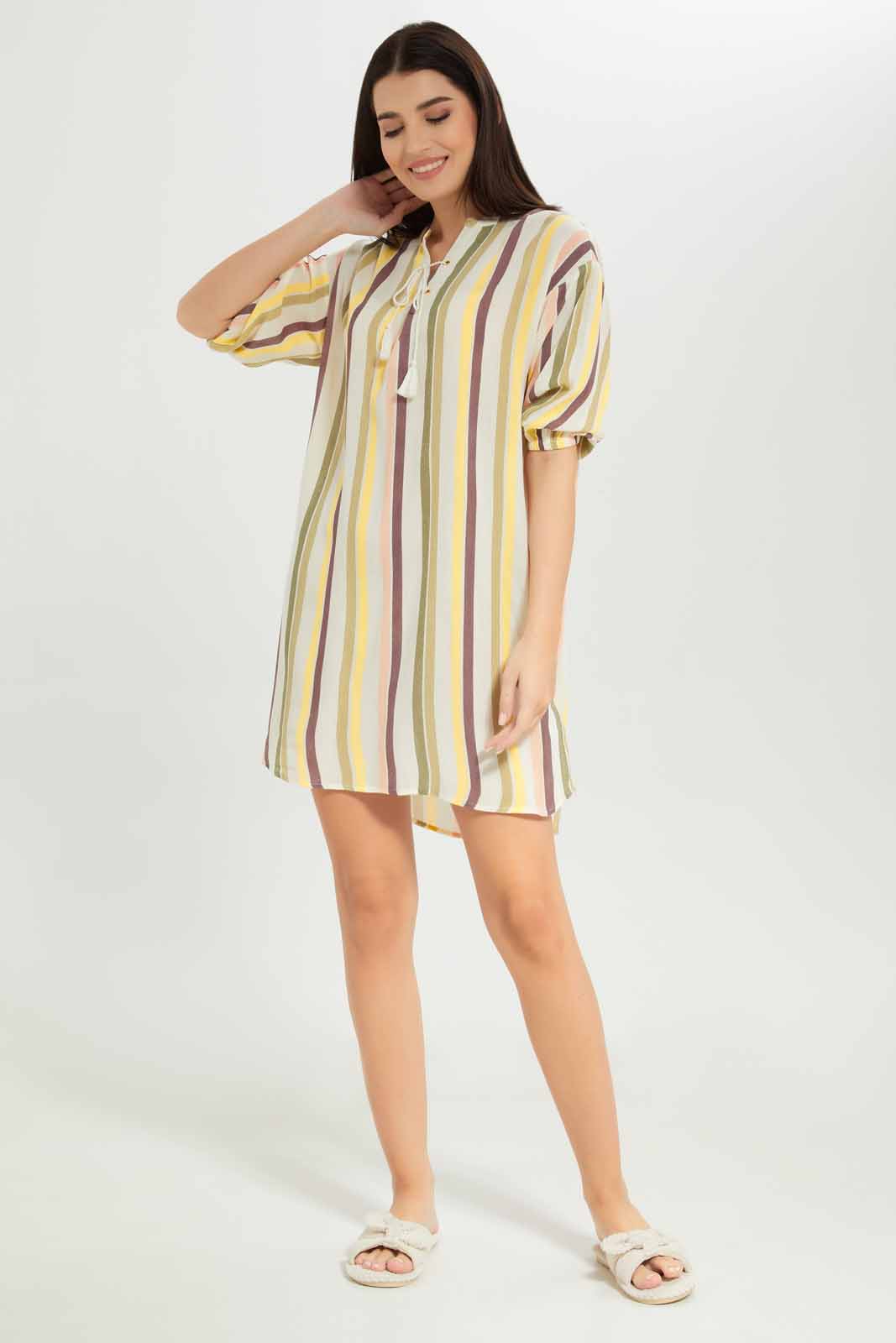 Redtag-Women-Beige-Color-Aop-Stripe-Nightshirt-Category:Nightshirts,-Colour:Beige,-Deals:New-In,-Dept:Ladieswear,-Filter:Women's-Clothing,-New-In-Women-APL,-Non-Sale,-S23A,-Section:Women,-Women-Nightshirts--