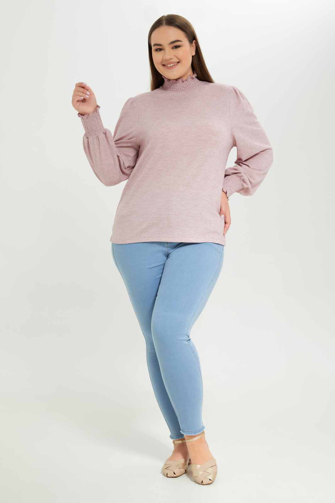 Redtag-Women-Pink-High-Neck-Puff-Sleeve-Jersey-Top-Category:Tops,-Colour:Apricot,-Deals:New-In,-Dept:Ladieswear,-Filter:Plus-Size,-LDP-Tops,-New-In-LDP-APL,-Non-Sale,-S23A,-Section:Women-Women's-