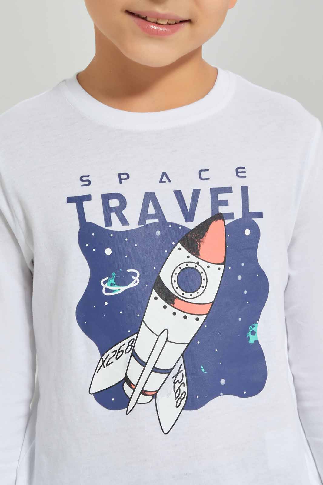 Redtag-Boys-Black-Long-Sleeve-Single-Jersey-Printed-T-Shirt-With-Brushedcheck-Pant-BOY-Pyjama-Sets,-Category:Pyjama-Sets,-Colour:Black,-Deals:New-In,-Dept:Boys,-Filter:Boys-(2-to-8-Yrs),-New-In-BOY-APL,-Non-Sale,-S23A,-Section:Boys-(0-to-14Yrs)-Boys-2 to 8 Years
