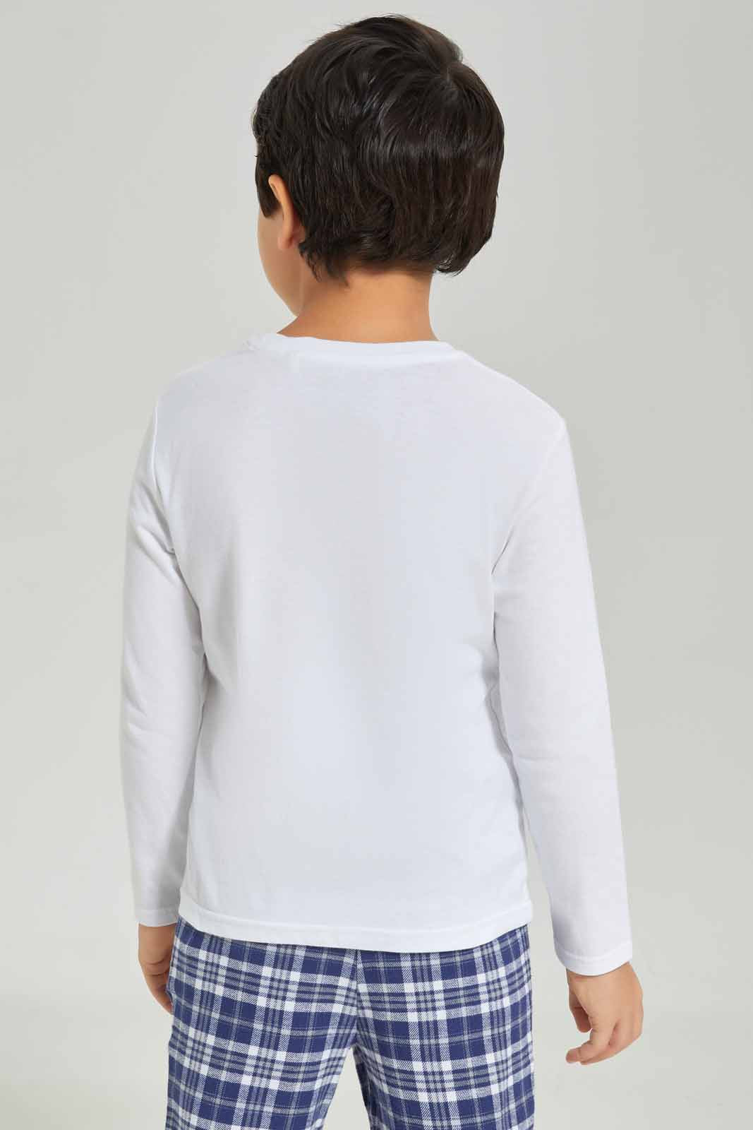 Redtag-Boys-Black-Long-Sleeve-Single-Jersey-Printed-T-Shirt-With-Brushedcheck-Pant-BOY-Pyjama-Sets,-Category:Pyjama-Sets,-Colour:Black,-Deals:New-In,-Dept:Boys,-Filter:Boys-(2-to-8-Yrs),-New-In-BOY-APL,-Non-Sale,-S23A,-Section:Boys-(0-to-14Yrs)-Boys-2 to 8 Years