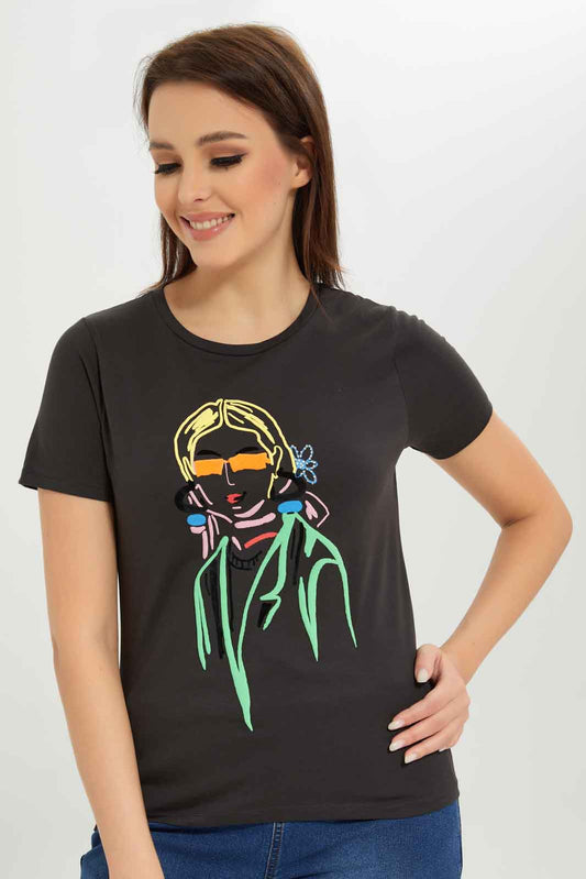 Redtag-Women-Acid-Wash-Lady-Sketch-Embellished-T-Shirt-Category:T-Shirts,-Colour:Charcoal,-Deals:New-In,-Dept:Ladieswear,-Filter:Women's-Clothing,-New-In-Women-APL,-Non-Sale,-S23A,-Section:Women,-TBL,-Women-T-Shirts-Women's-