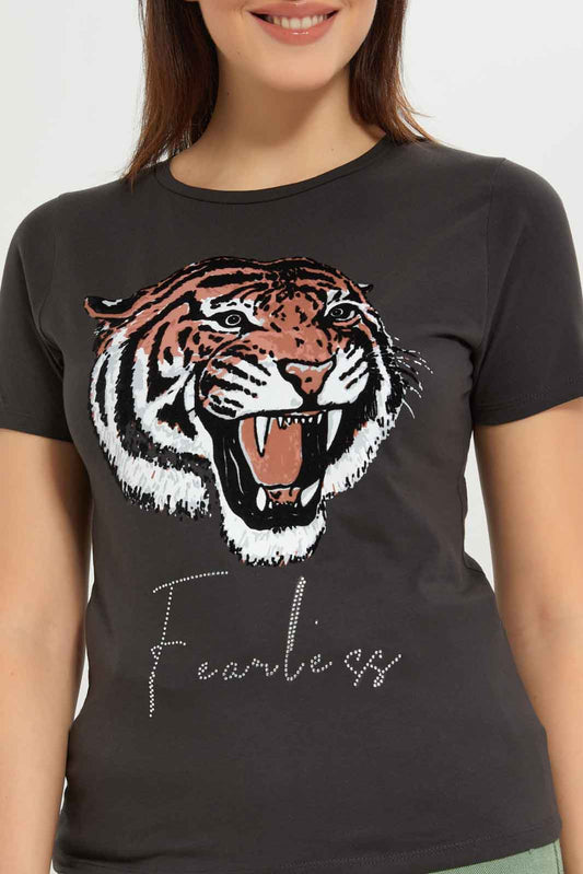 Redtag-Women-Acid-Wash-Fearless-Embellished-T-Shirt-Category:T-Shirts,-Colour:Charcoal,-Deals:New-In,-Dept:Ladieswear,-Filter:Women's-Clothing,-New-In-Women-APL,-Non-Sale,-S23A,-Section:Women,-TBL,-Women-T-Shirts-Women's-