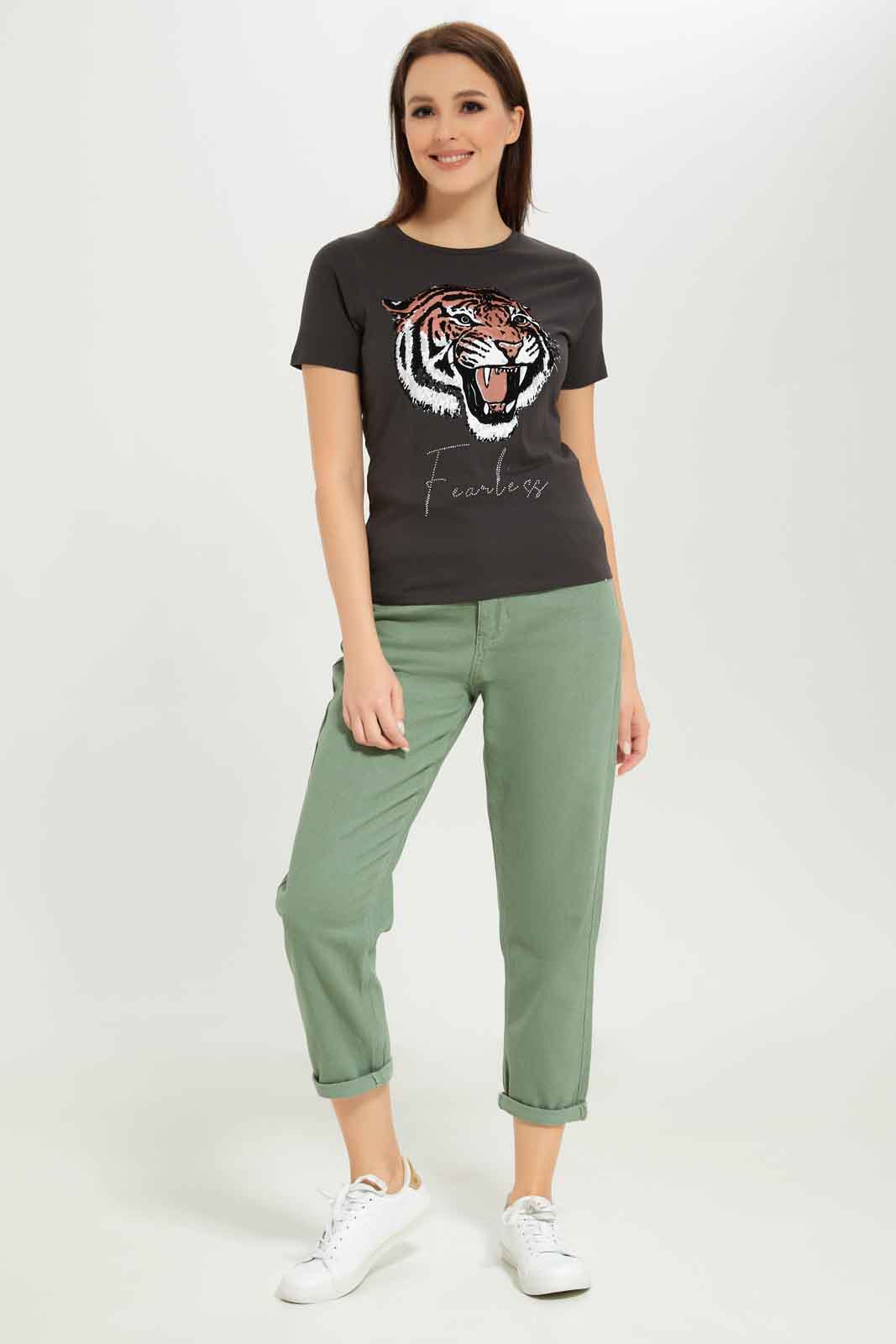 Redtag-Women-Acid-Wash-Fearless-Embellished-T-Shirt-Category:T-Shirts,-Colour:Charcoal,-Deals:New-In,-Dept:Ladieswear,-Filter:Women's-Clothing,-New-In-Women-APL,-Non-Sale,-S23A,-Section:Women,-TBL,-Women-T-Shirts-Women's-