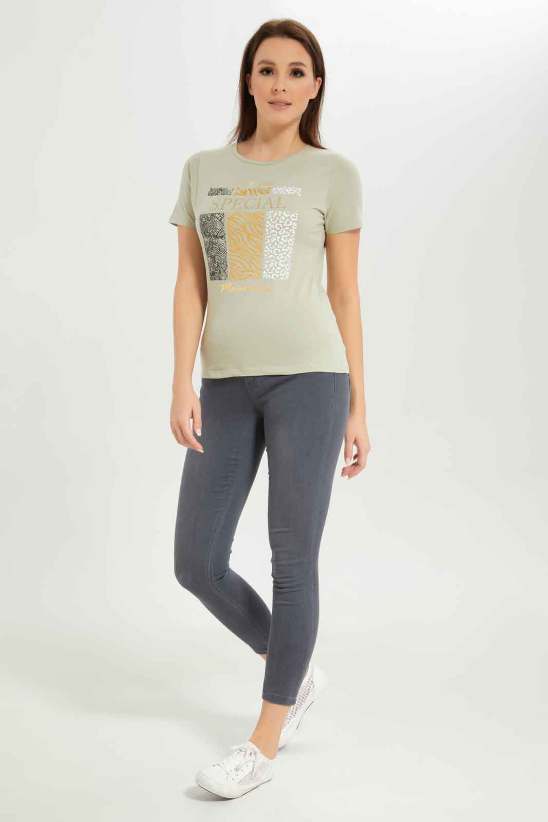 Redtag-Women-Olive-Special-Memories-Embellished-T-Shirt-Category:T-Shirts,-Colour:Olive,-Deals:New-In,-Dept:Ladieswear,-Filter:Women's-Clothing,-New-In-Women-APL,-Non-Sale,-S23A,-Section:Women,-TBL,-Women-T-Shirts-Women's-