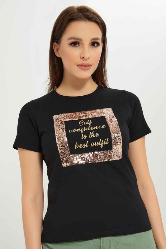 Redtag-Women-Black-Self-Confidence-Embellished-T-Shirt-Category:T-Shirts,-Colour:Black,-Deals:New-In,-Dept:Ladieswear,-Filter:Women's-Clothing,-New-In-Women-APL,-Non-Sale,-S23A,-Section:Women,-TBL,-Women-T-Shirts-Women's-