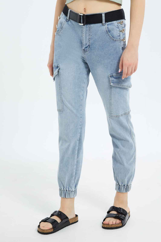 Redtag-Women-Light-Wash-Belted-Cargo-Category:Jeans,-Colour:Light-Wash,-Deals:New-In,-Dept:Ladieswear,-Filter:Women's-Clothing,-New-In-Women-APL,-Non-Sale,-S23B,-Section:Women,-TBL,-Women-Jeans-Women's-