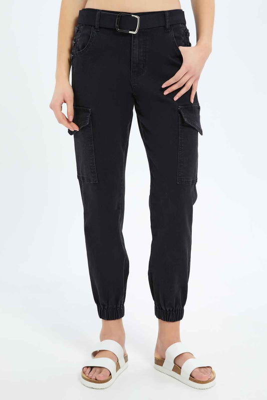 Redtag-Women-Black-Belted-Cargo-Category:Jeans,-Colour:Black,-Deals:New-In,-Dept:Ladieswear,-Filter:Women's-Clothing,-New-In-Women-APL,-Non-Sale,-S23B,-Section:Women,-TBL,-Women-Jeans-Women's-