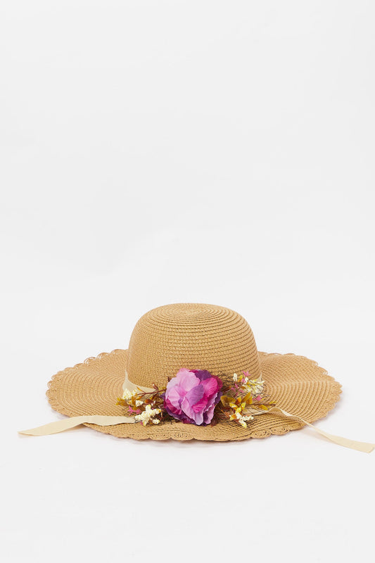 Redtag-Beige-Floral-Embellished-Hat-Category:Caps-&-Hats,-Colour:Beige,-Deals:New-In,-Dept:Ladieswear,-Filter:Women's-Accessories,-H1:ACC,-H2:LAD,-H3:LAA,-H4:FAA,-New-In,-New-In-Women-ACC,-Non-Sale,-S23A,-Season:S23B,-Section:Women,-Style:HATS,-Women-Caps-&-Hats-Women-
