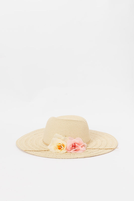 Redtag-Beige-Floral-Embellished-Hat-Category:Caps-&-Hats,-Colour:Beige,-Deals:New-In,-Dept:Ladieswear,-Filter:Women's-Accessories,-H1:ACC,-H2:LAD,-H3:LAA,-H4:FAA,-New-In,-New-In-Women-ACC,-Non-Sale,-S23A,-Season:S23B,-Section:Women,-Style:HATS,-Women-Caps-&-Hats-Women-
