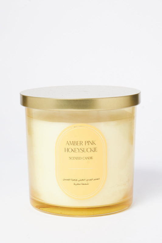 Redtag-Yellow-Honeysuckle-Pink-Clay-Scented-Candle-Glass-Jar-With-Golden-Lid-Category:Candles,-Colour:Yellow,-Deals:New-In,-Dept:Home,-Filter:Home-Decor,-HMW-HOM-Candle-&-Fragrances,-New-In-HMW-HOM,-Non-Sale,-S23B,-Section:Homewares-Home-Decor-