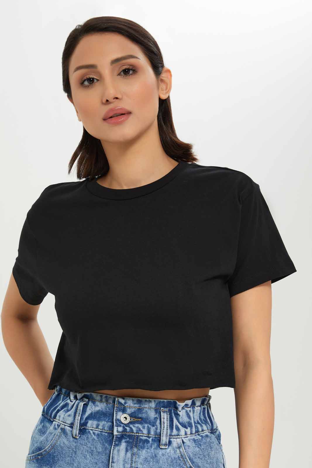 Redtag-Women-Black-Boxy-Cropped-Tee-Category:T-Shirts,-Colour:Black,-Deals:New-In,-Dept:Ladieswear,-Filter:Women's-Clothing,-KSH,-New-In-Women-APL,-Non-Sale,-S23A,-Section:Women,-Women-T-Shirts-Women's-