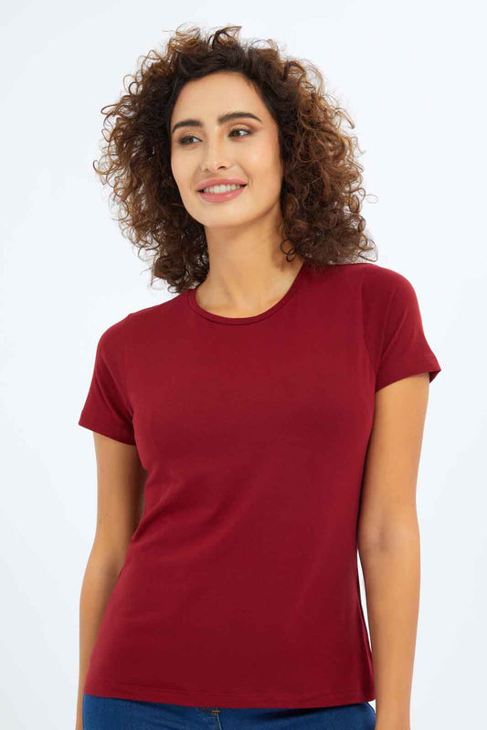 Redtag-Women-Burgundy-Short-Sleeve-Crew-Neck-T-Shirt-Category:T-Shirts,-Colour:Burgundy,-Deals:New-In,-Dept:Ladieswear,-Filter:Women's-Clothing,-New-In-Women-APL,-Non-Sale,-S23A,-Section:Women,-TBL,-Women-T-Shirts-Women's-